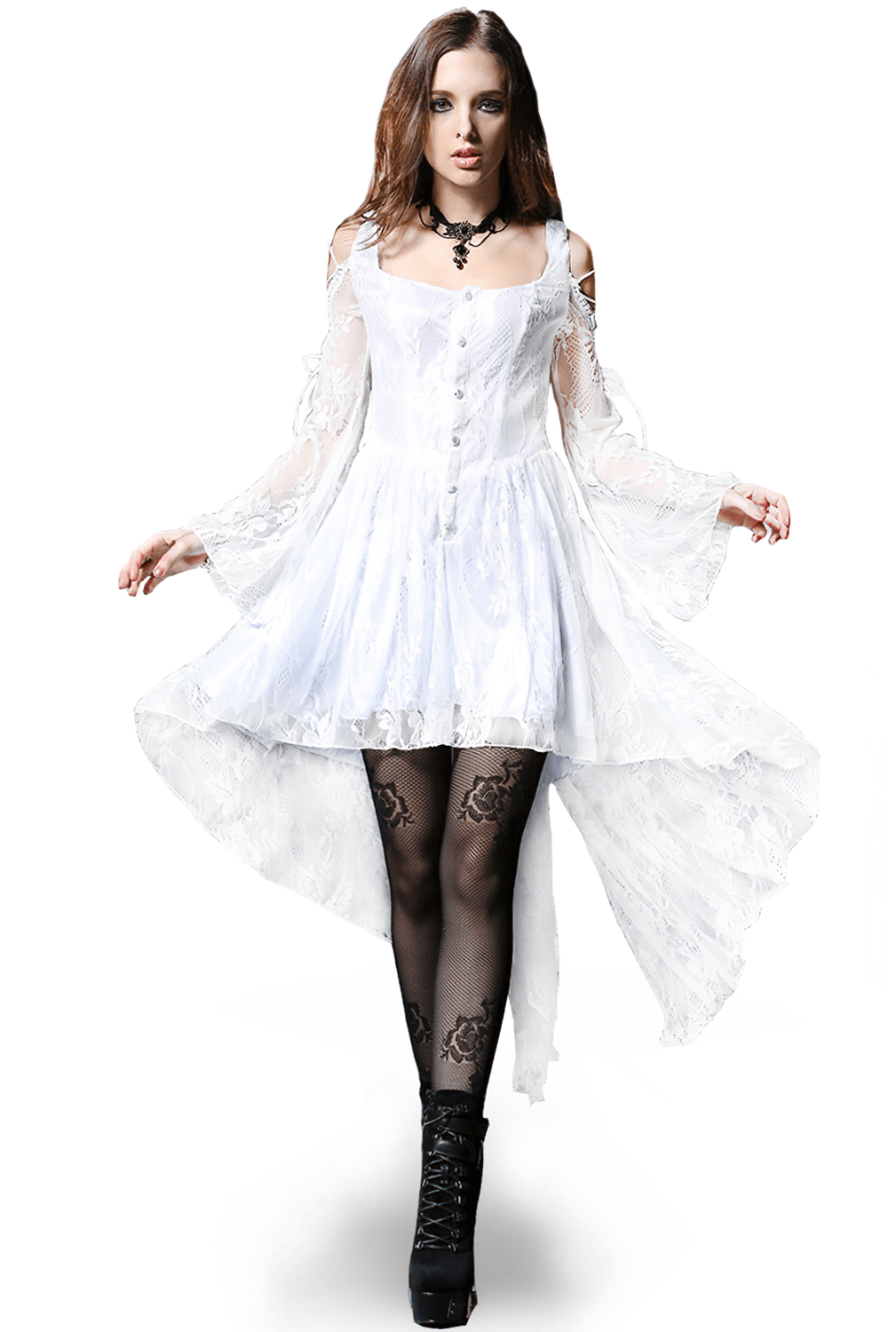 Gothic Lace High-Low Dress with Sheer Sleeves and Buttons - image 1
