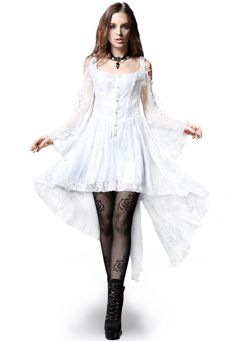 Gothic Lace High-Low Dress with Sheer Sleeves and Buttons - image 1