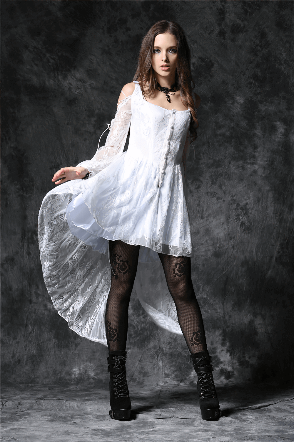 Gothic Lace High-Low Dress with Sheer Sleeves and Buttons - image 5