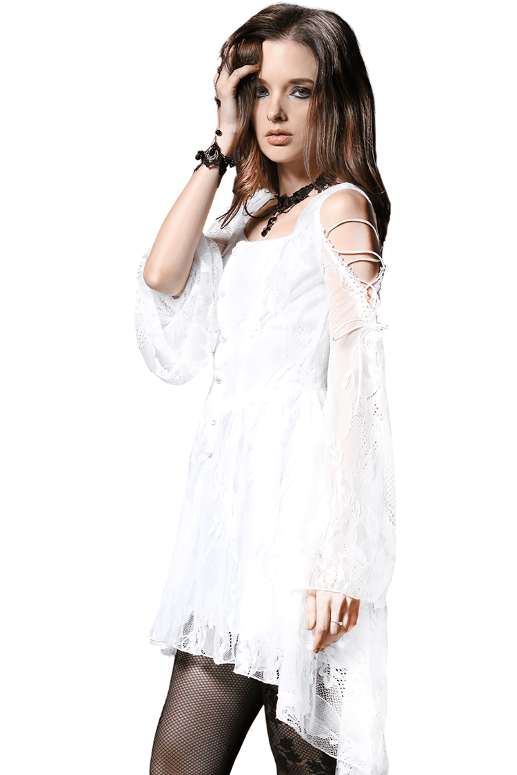 Gothic Lace High-Low Dress with Sheer Sleeves and Buttons - image 2