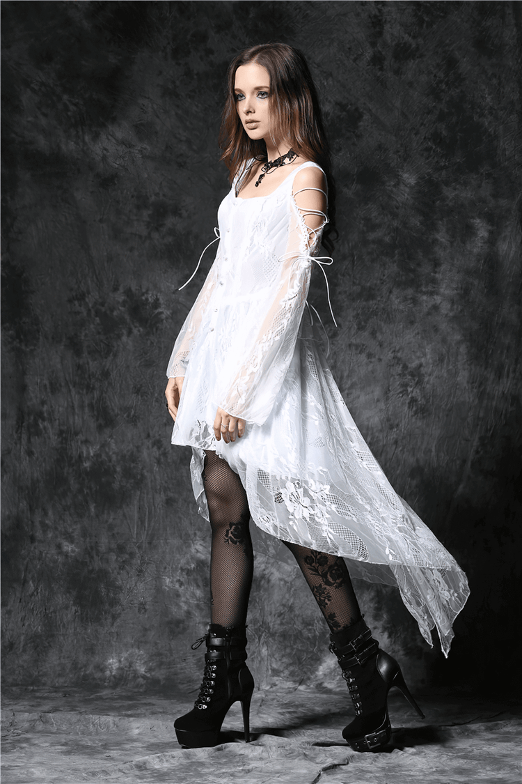 Gothic Lace High-Low Dress with Sheer Sleeves and Buttons - image 8