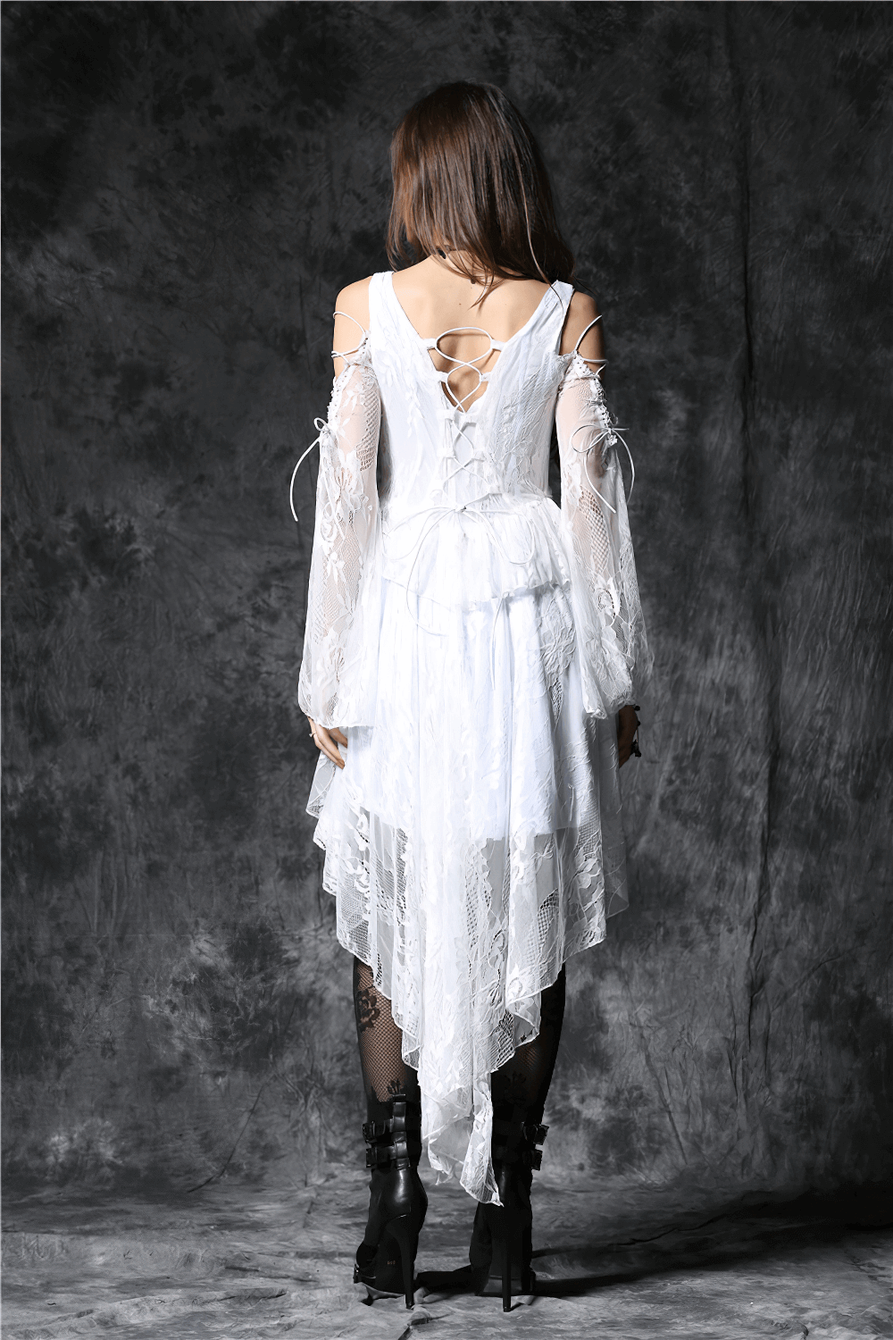 Gothic Lace High-Low Dress with Sheer Sleeves and Buttons - image 6