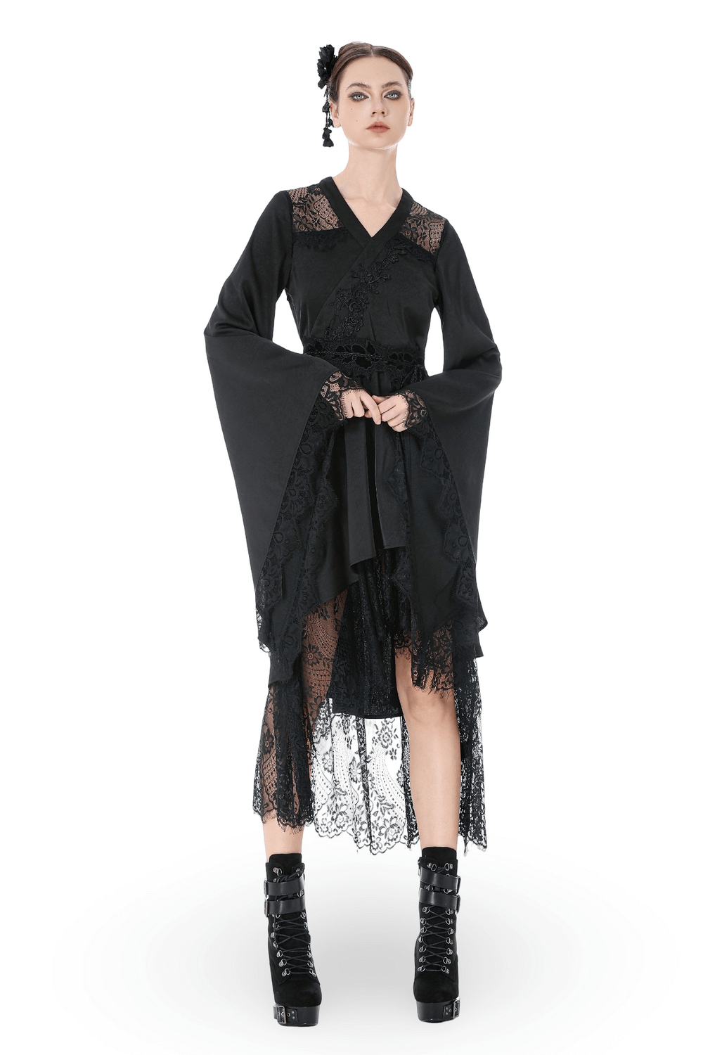 Gothic Lace Kimono Sleeved High Low Midi Dress - image 1