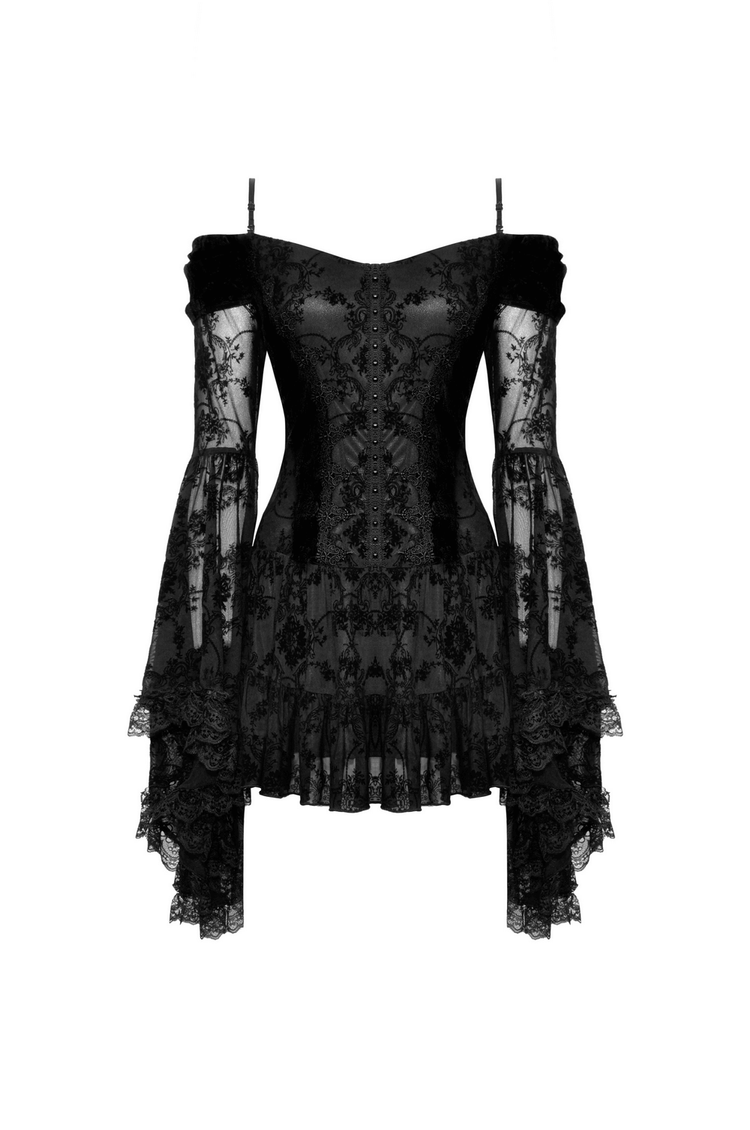 Gothic Lace Off-Shoulder Dress with Bell Sleeves - image 4