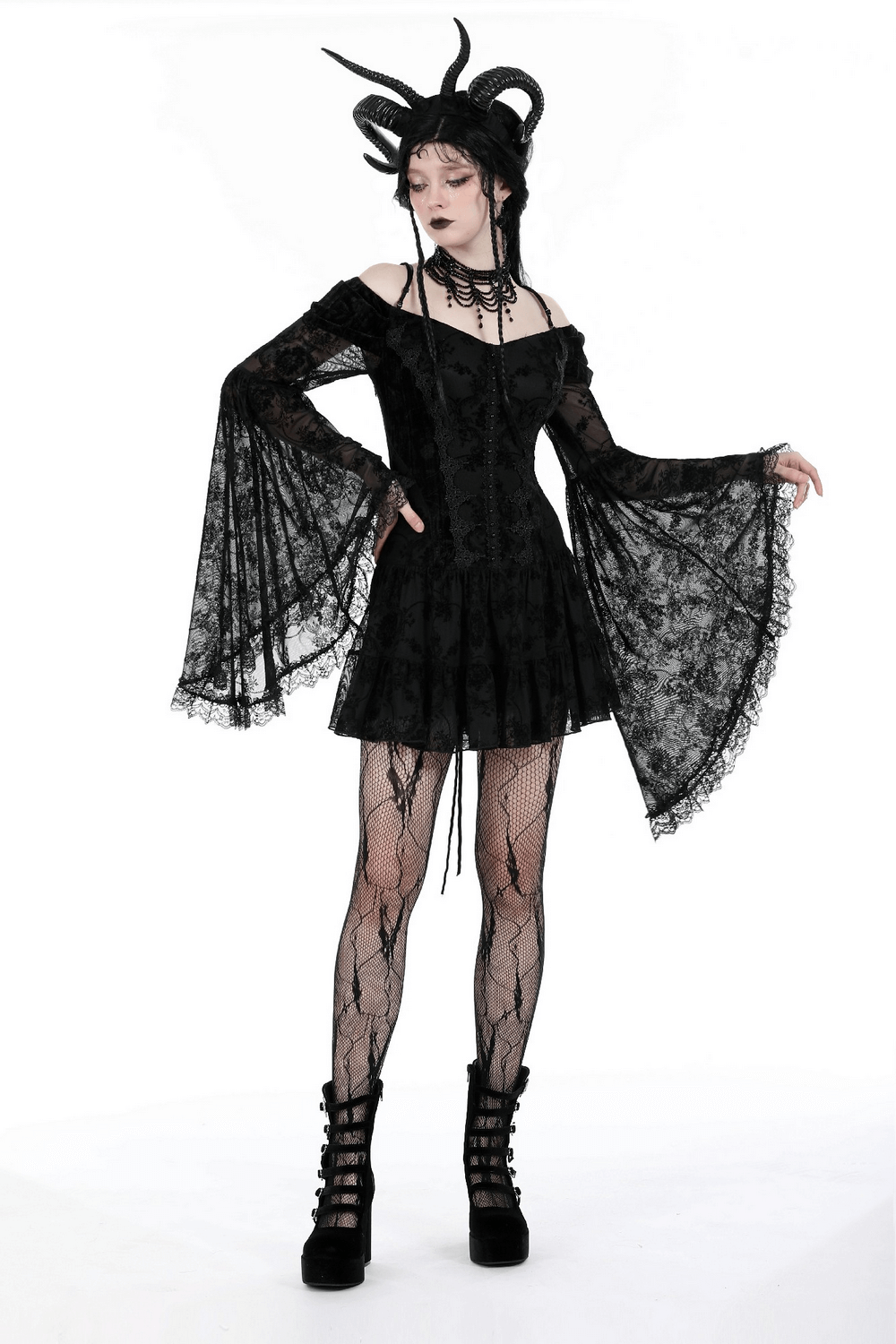 Gothic Lace Off-Shoulder Dress with Bell Sleeves - image 14