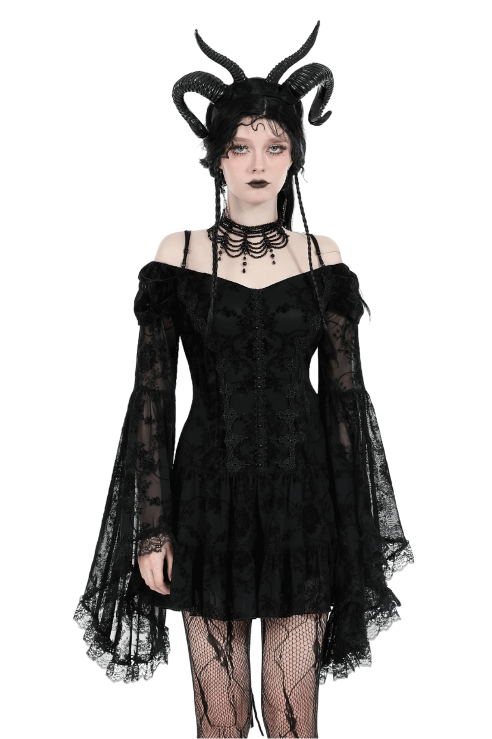 Gothic Lace Off-Shoulder Dress with Bell Sleeves - image 1