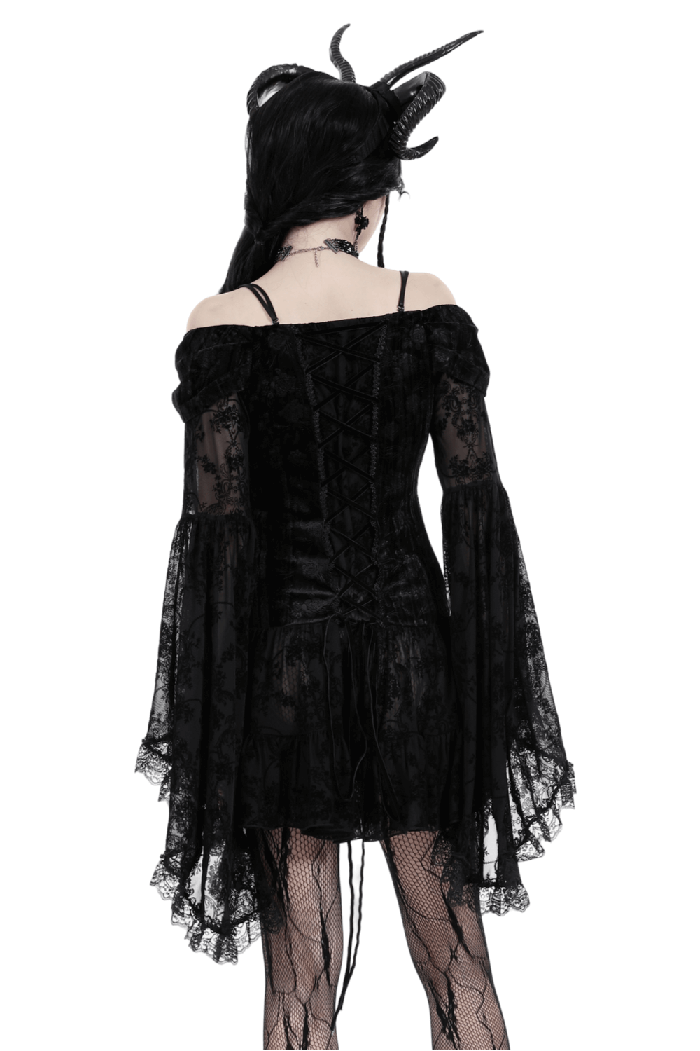 Gothic Lace Off-Shoulder Dress with Bell Sleeves - image 2