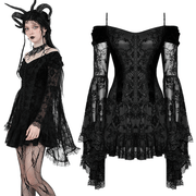 Gothic Lace Off-Shoulder Dress with Bell Sleeves - image 3