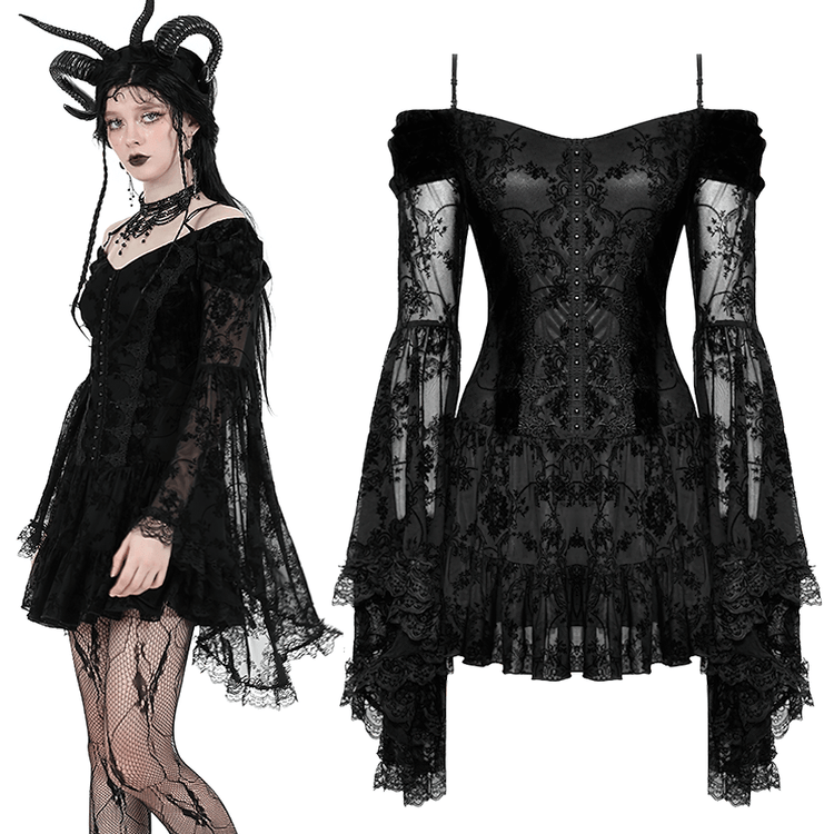 Gothic Lace Off-Shoulder Dress with Bell Sleeves - image 3