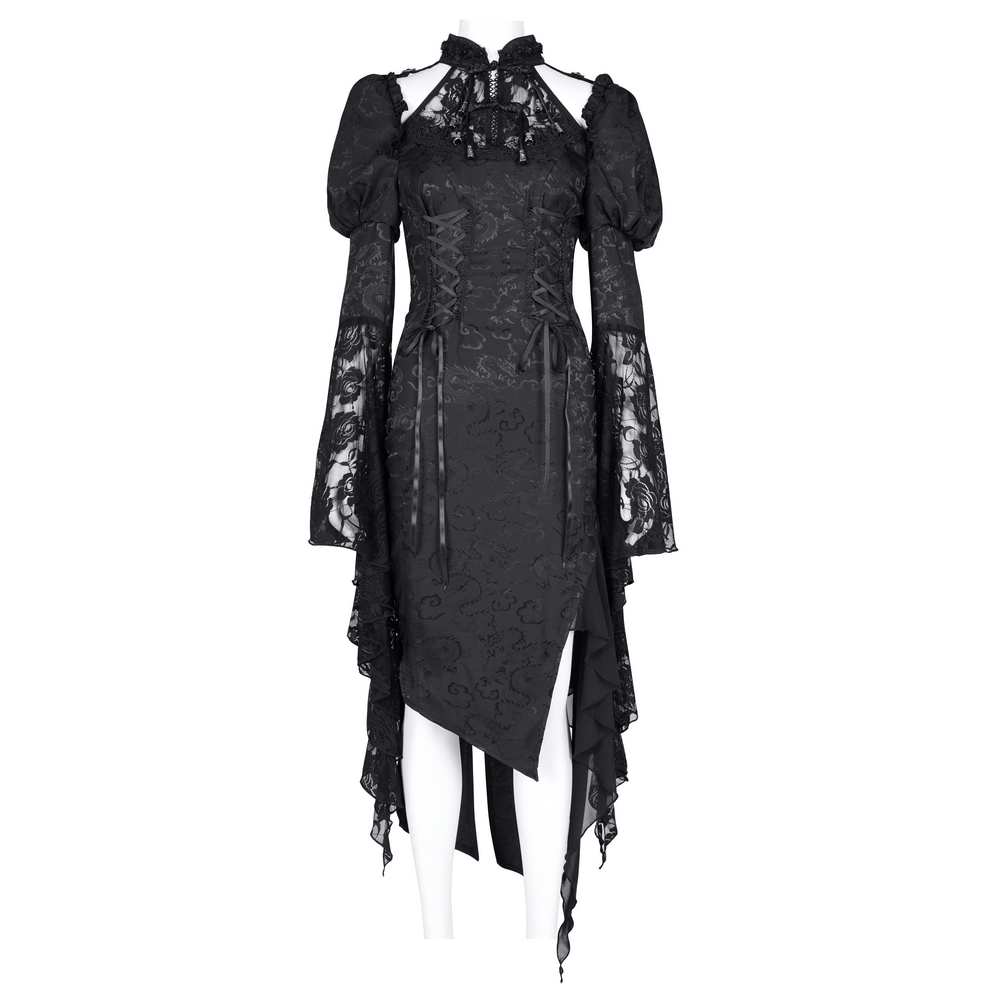 Gothic Lace-Up Asymmetrical Dress with Flared Sleeves - image 3