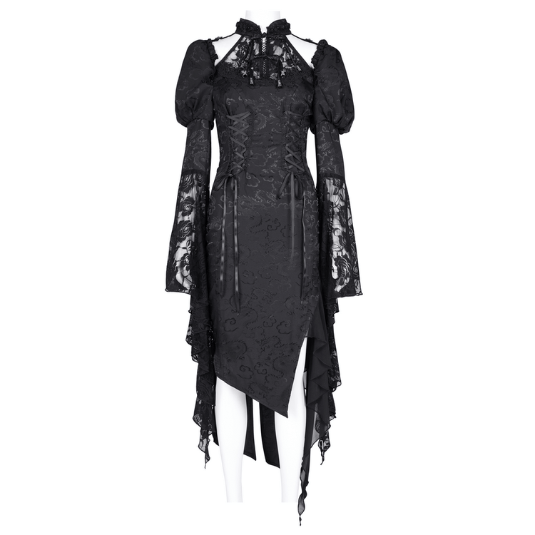 Gothic Lace-Up Asymmetrical Dress with Flared Sleeves - image 3