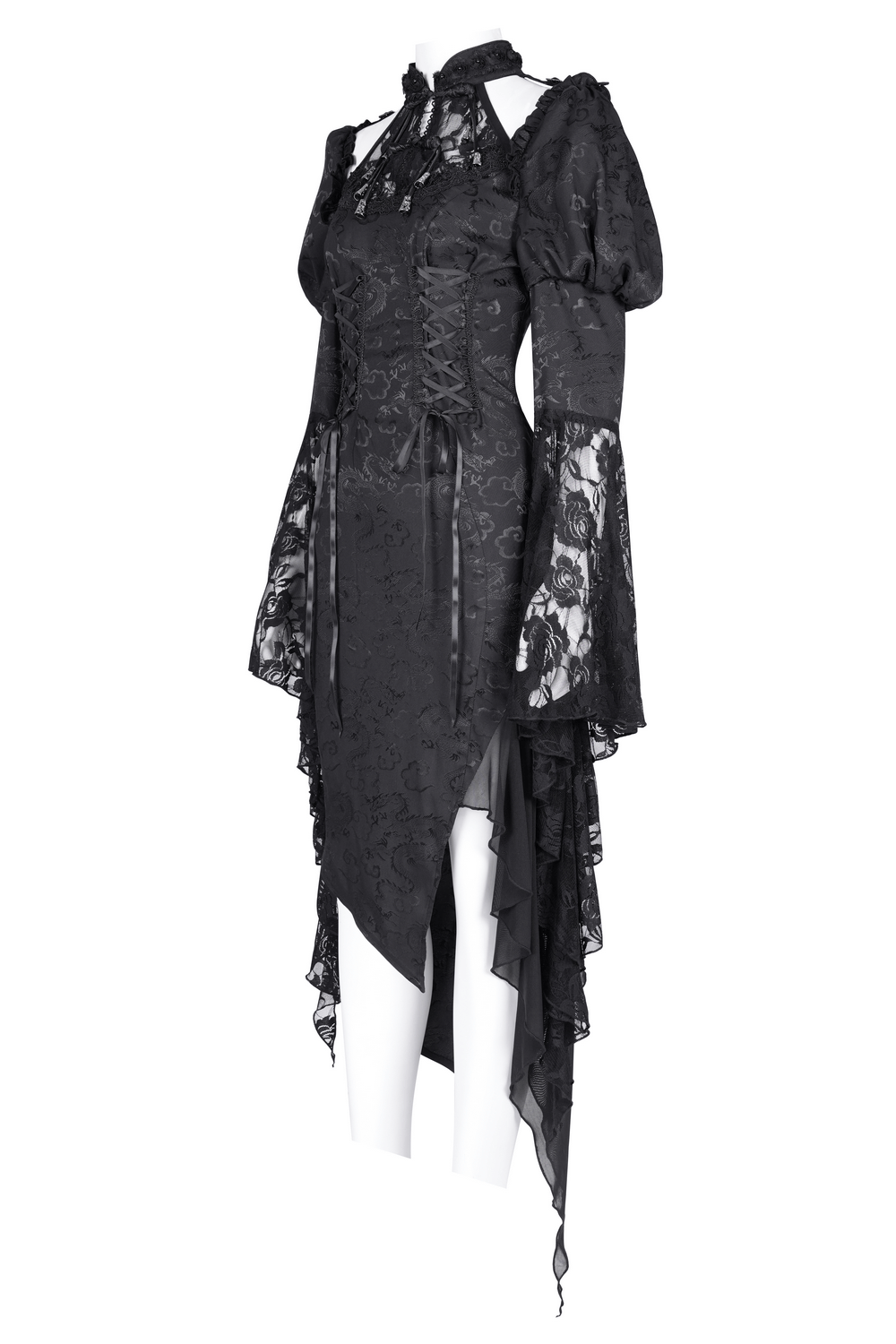 Gothic Lace-Up Asymmetrical Dress with Flared Sleeves - image 5