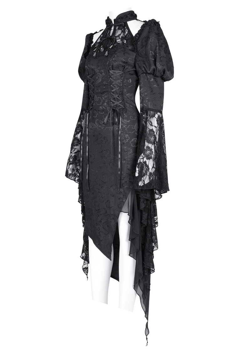 Gothic Lace-Up Asymmetrical Dress with Flared Sleeves - image 5