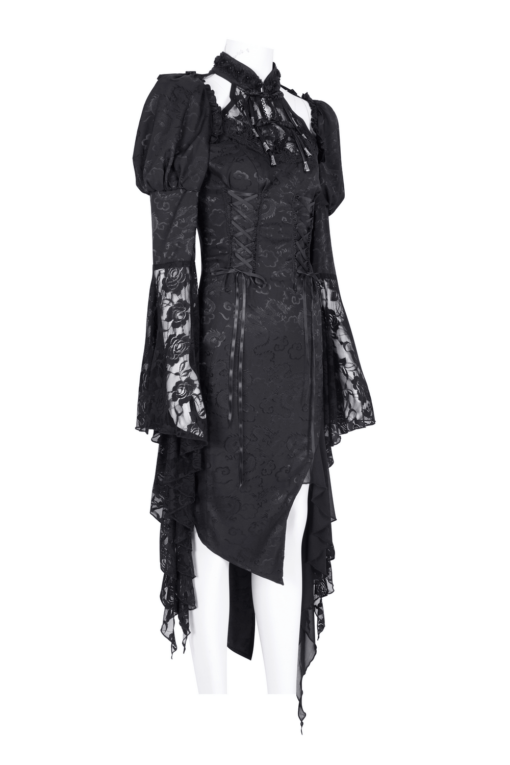 Gothic Lace-Up Asymmetrical Dress with Flared Sleeves - image 4