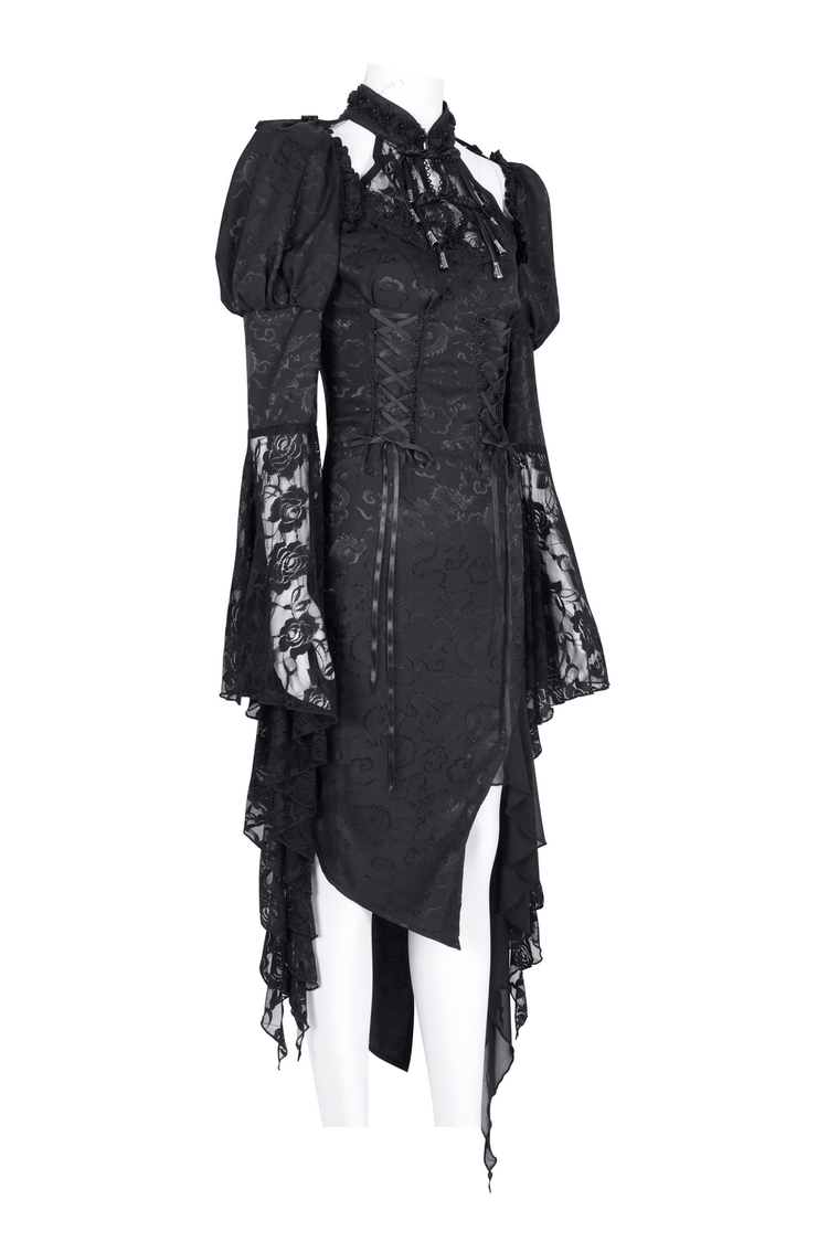 Gothic Lace-Up Asymmetrical Dress with Flared Sleeves - image 4