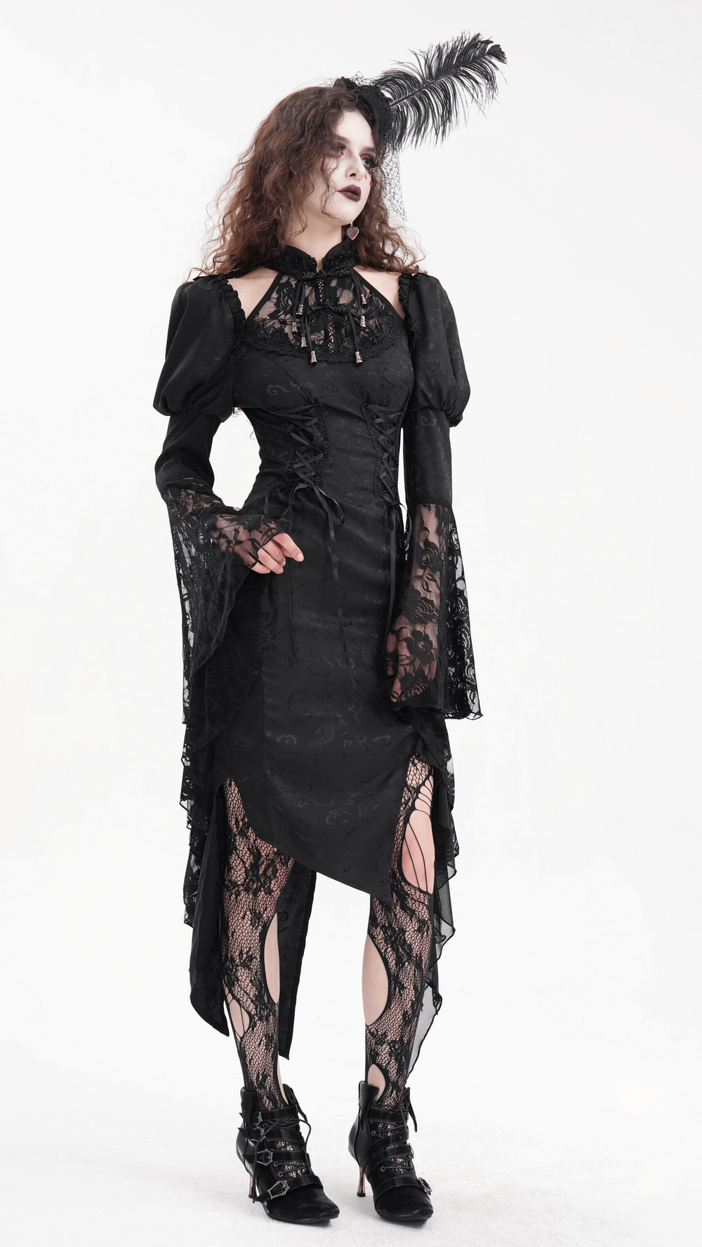Gothic Lace-Up Asymmetrical Dress with Flared Sleeves - image 14