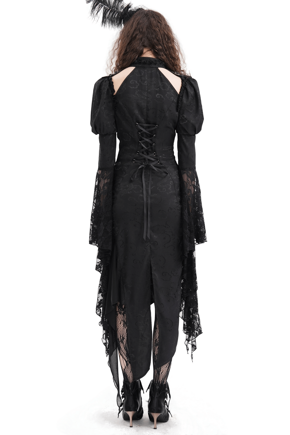 Gothic Lace-Up Asymmetrical Dress with Flared Sleeves - image 2