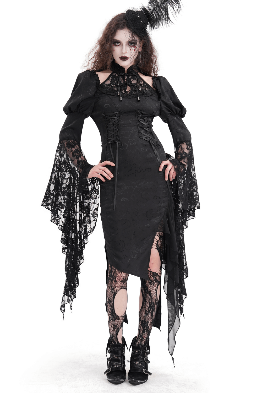 Gothic Lace-Up Asymmetrical Dress with Flared Sleeves - image 1