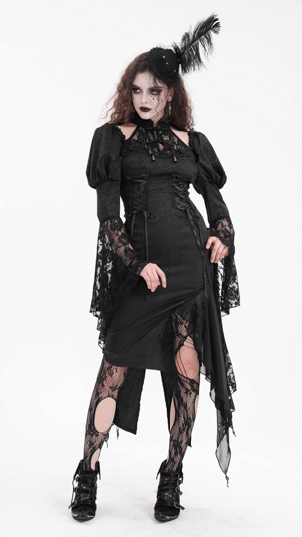Gothic Lace-Up Asymmetrical Dress with Flared Sleeves - image 16