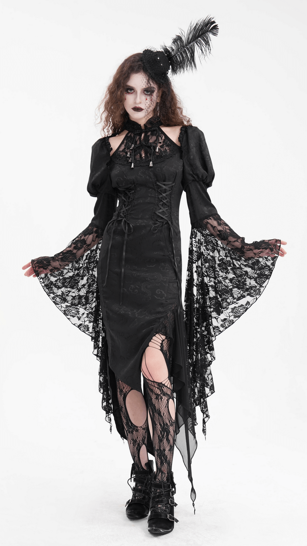 Gothic Lace-Up Asymmetrical Dress with Flared Sleeves - image 17