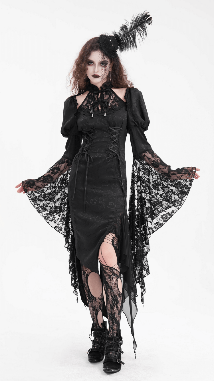 Gothic Lace-Up Asymmetrical Dress with Flared Sleeves - image 17