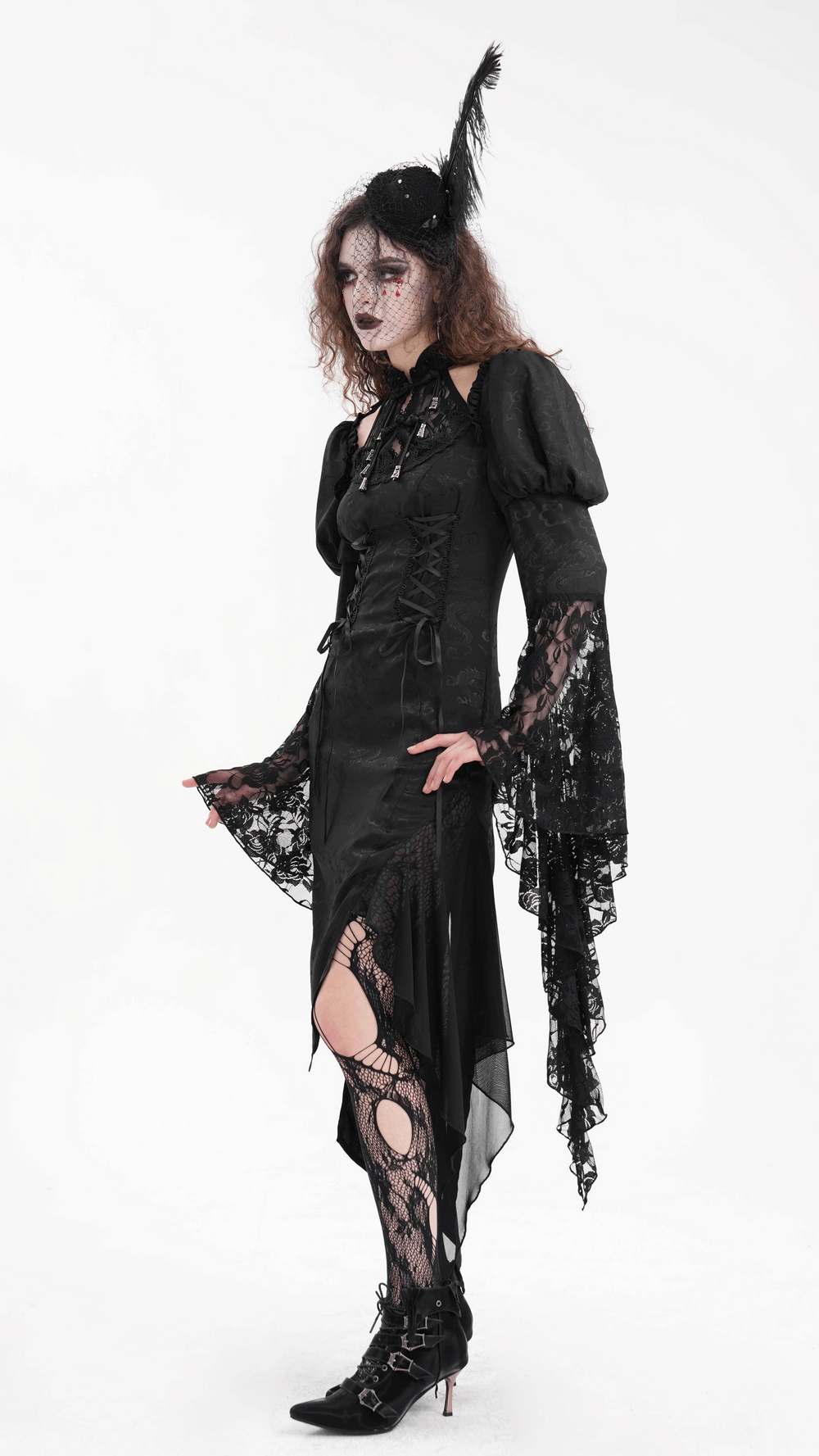 Gothic Lace-Up Asymmetrical Dress with Flared Sleeves - image 18