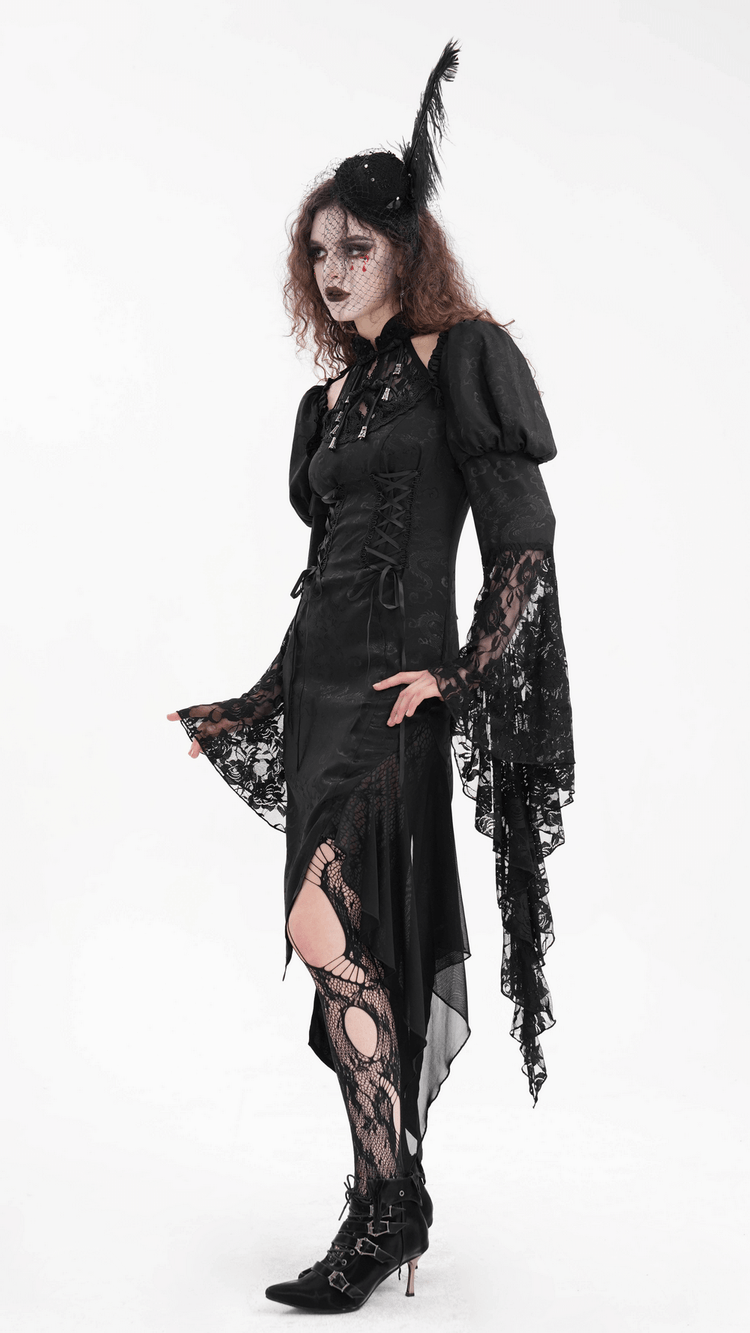 Gothic Lace-Up Asymmetrical Dress with Flared Sleeves - image 18