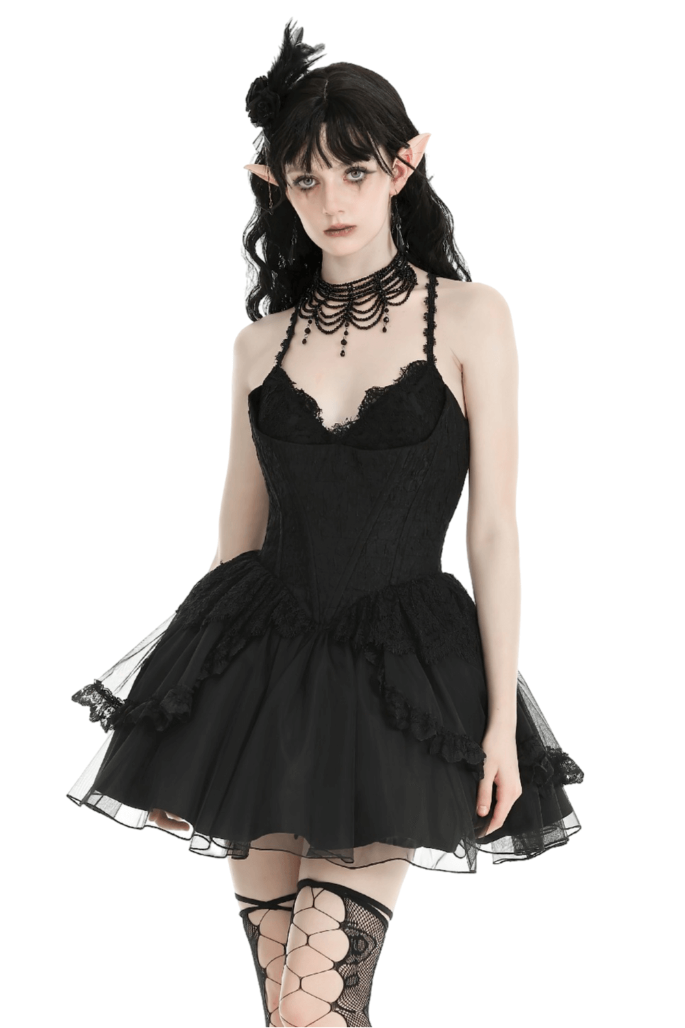 Gothic Lace-Up Black Tulle Dress - Trendy Style - image 1