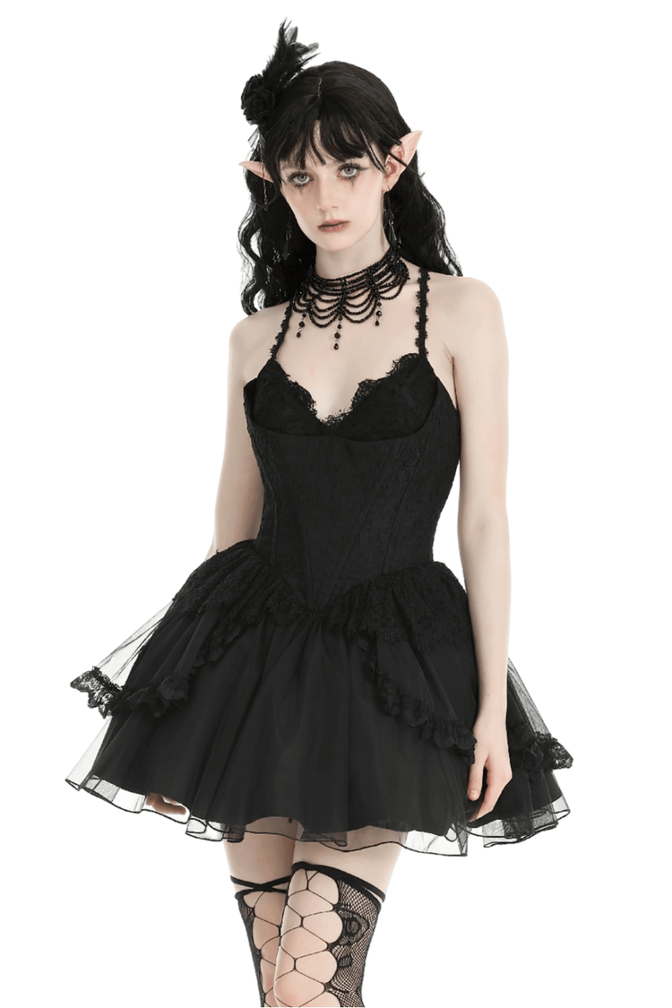 Gothic Lace-Up Black Tulle Dress - Trendy Style - image 1