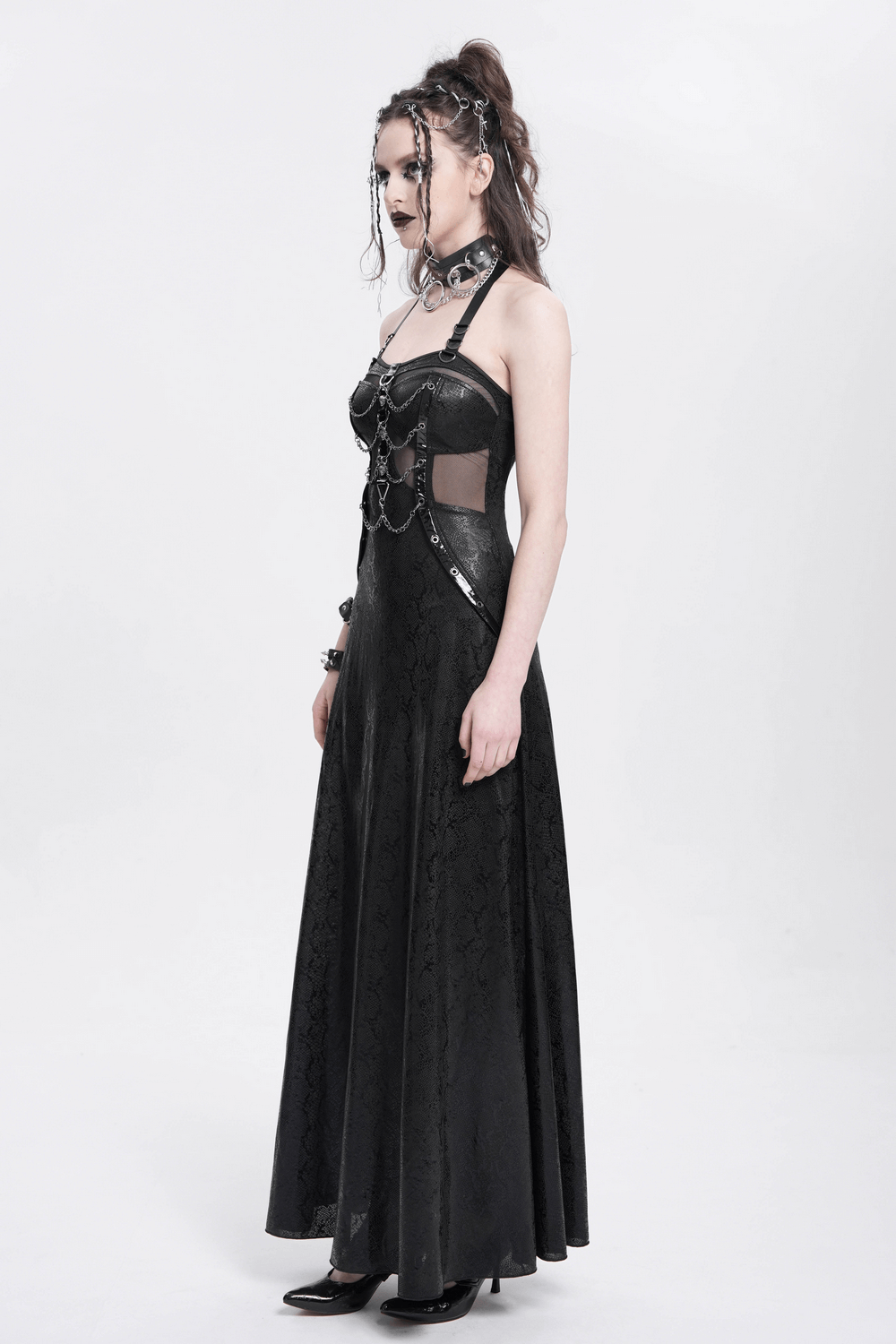 Gothic Lace-Up Maxi Dress with Chain and Corset Details - image 12