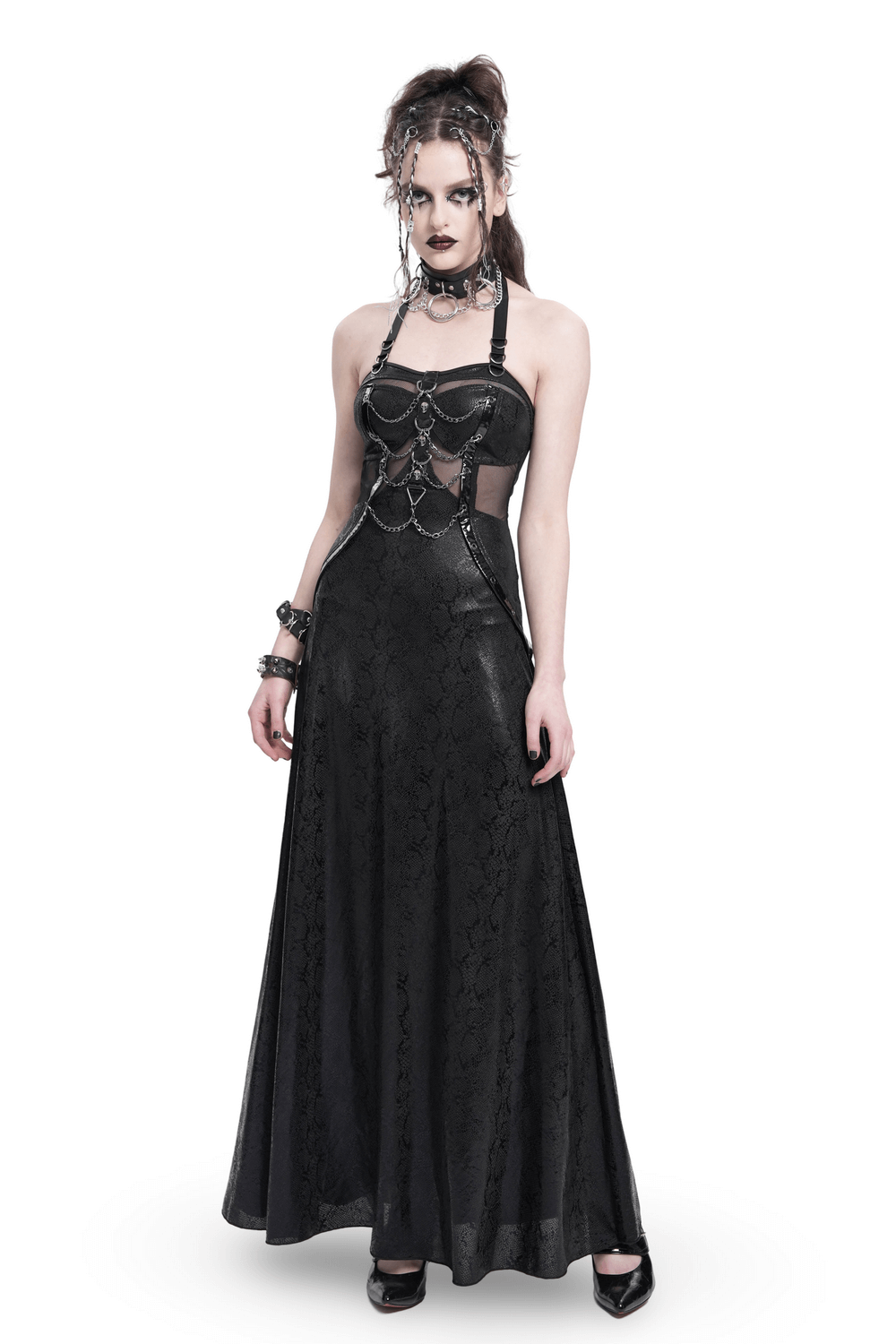 Gothic Lace-Up Maxi Dress with Chain and Corset Details - image 1