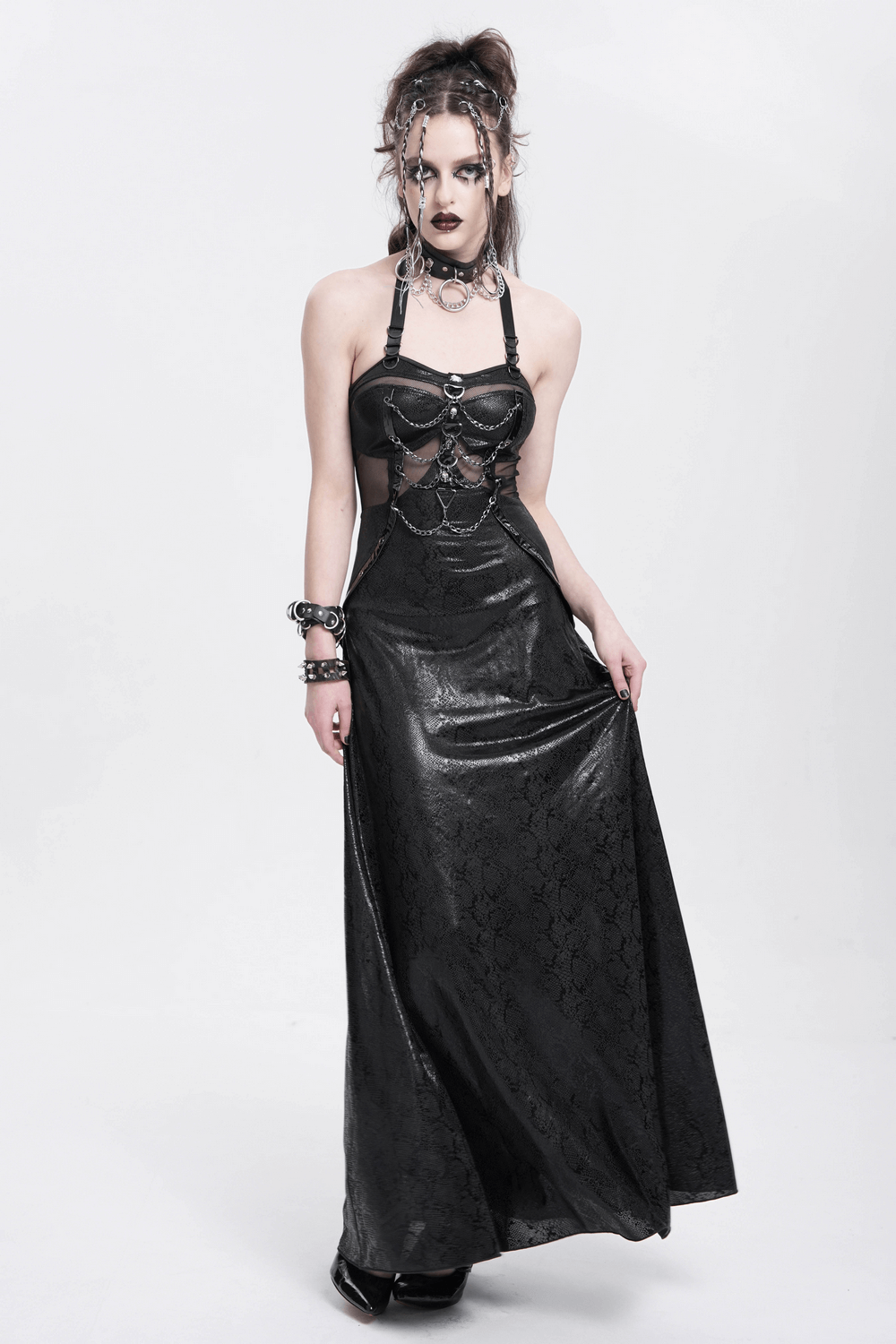 Gothic Lace-Up Maxi Dress with Chain and Corset Details - image 14
