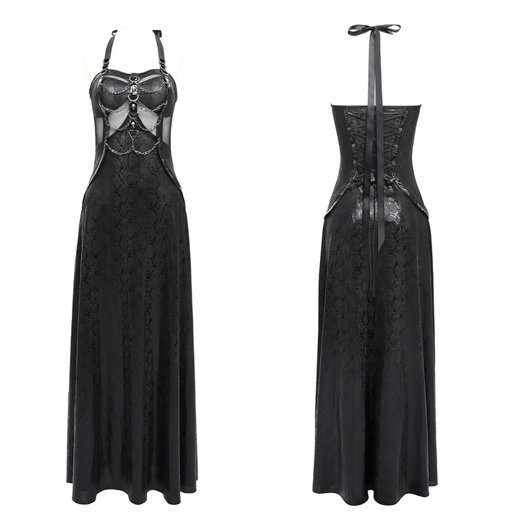 Gothic Lace-Up Maxi Dress with Chain and Corset Details - image 3