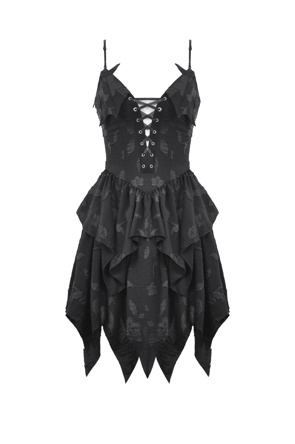 Gothic Lace-Up Ruffled Black Dress with Jagged Hemline - image 4