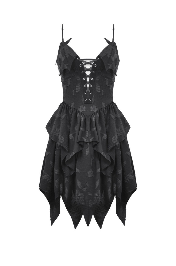 Gothic Lace-Up Ruffled Black Dress with Jagged Hemline - image 4
