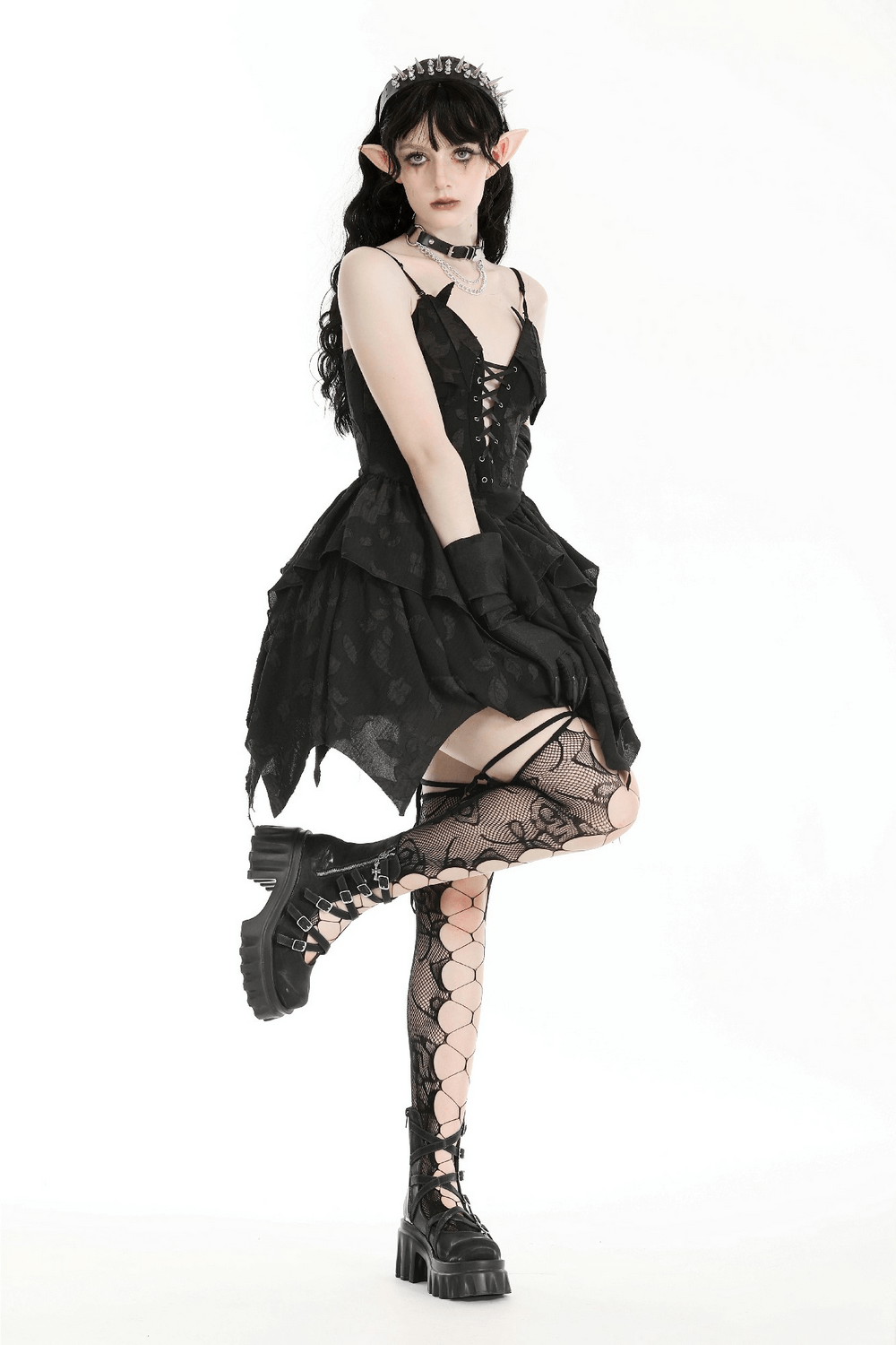 Gothic Lace-Up Ruffled Black Dress with Jagged Hemline - image 12