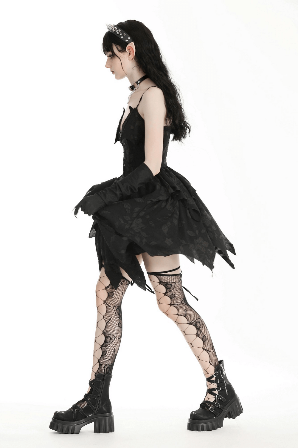 Gothic Lace-Up Ruffled Black Dress with Jagged Hemline - image 14