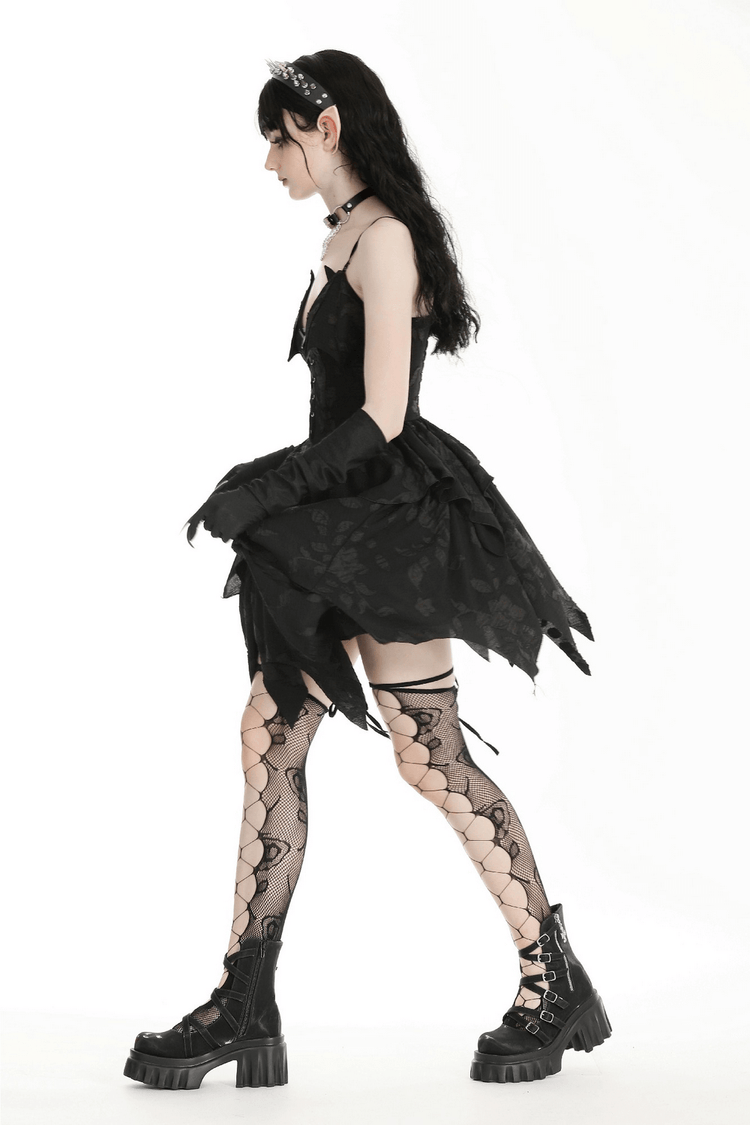 Gothic Lace-Up Ruffled Black Dress with Jagged Hemline - image 14