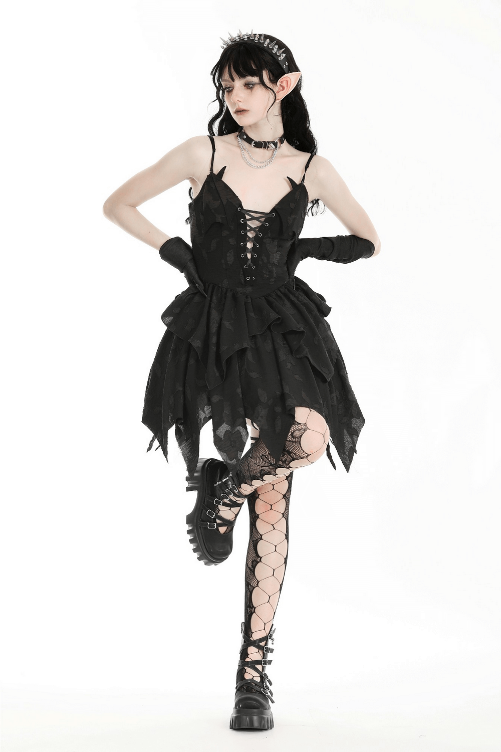 Gothic Lace-Up Ruffled Black Dress with Jagged Hemline - image 13