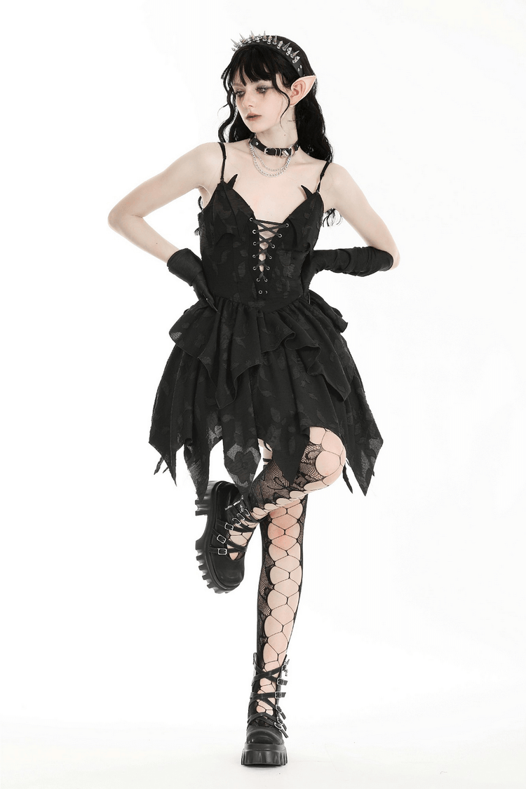 Gothic Lace-Up Ruffled Black Dress with Jagged Hemline - image 13