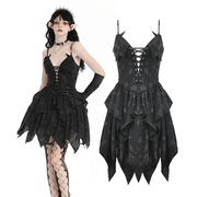 Gothic Lace-Up Ruffled Black Dress with Jagged Hemline - image 3