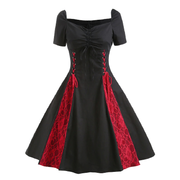 Gothic Lace Up Short Sleeves Dress / Women's Cotton Zipper Dresses / Female Elegant Clothing - image 1