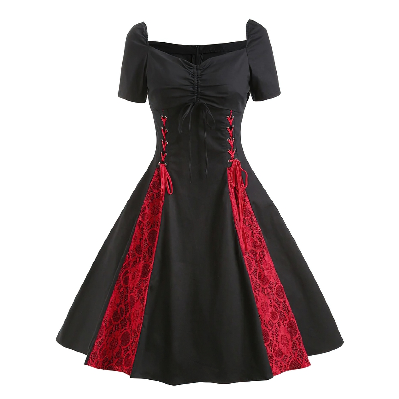 Gothic Lace Up Short Sleeves Dress / Women's Cotton Zipper Dresses / Female Elegant Clothing - image 1