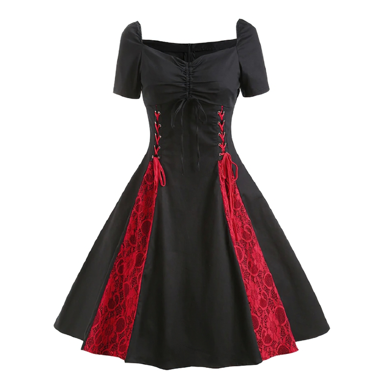 Gothic Lace Up Short Sleeves Dress / Women's Cotton Zipper Dresses / Female Elegant Clothing - image 1