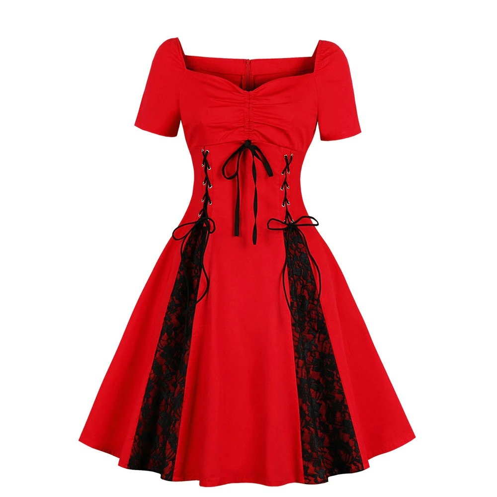 Gothic Lace Up Short Sleeves Dress / Women's Cotton Zipper Dresses / Female Elegant Clothing - image 3