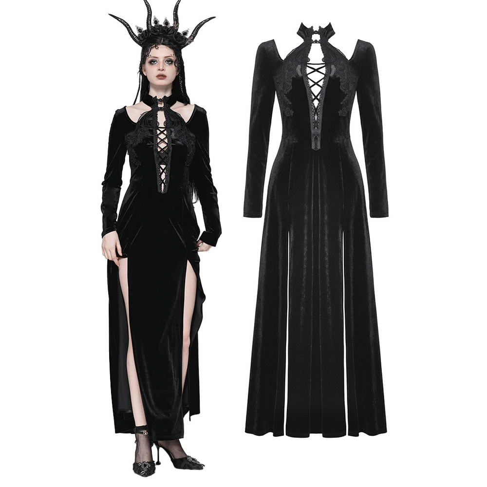 Gothic Lace-Up Velvet Dress with Ruffled Details and Slit - image 3