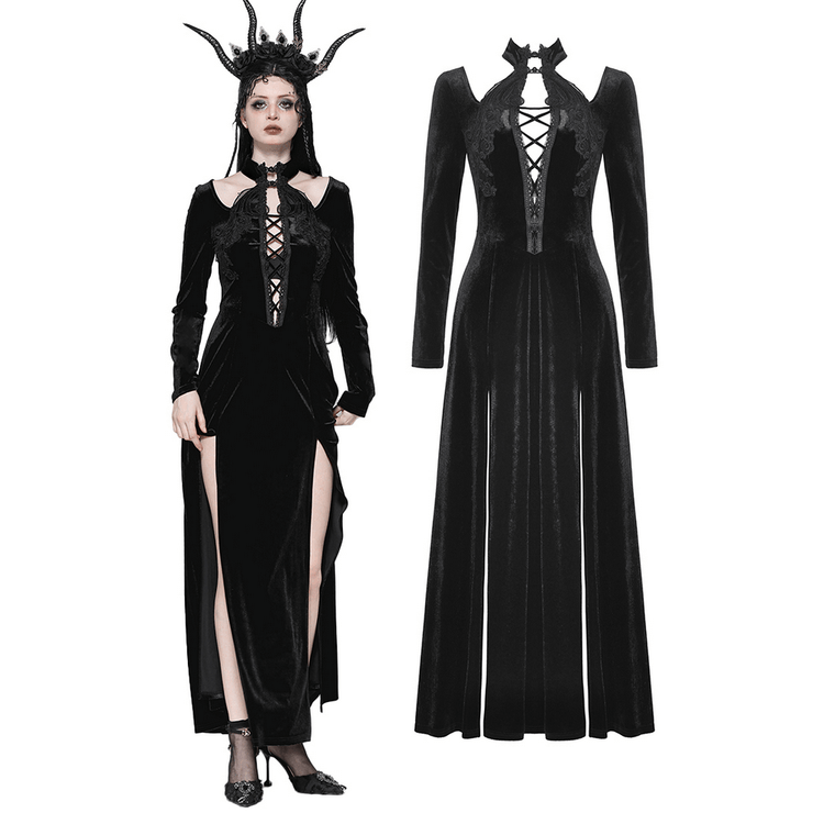 Gothic Lace-Up Velvet Dress with Ruffled Details and Slit - image 3