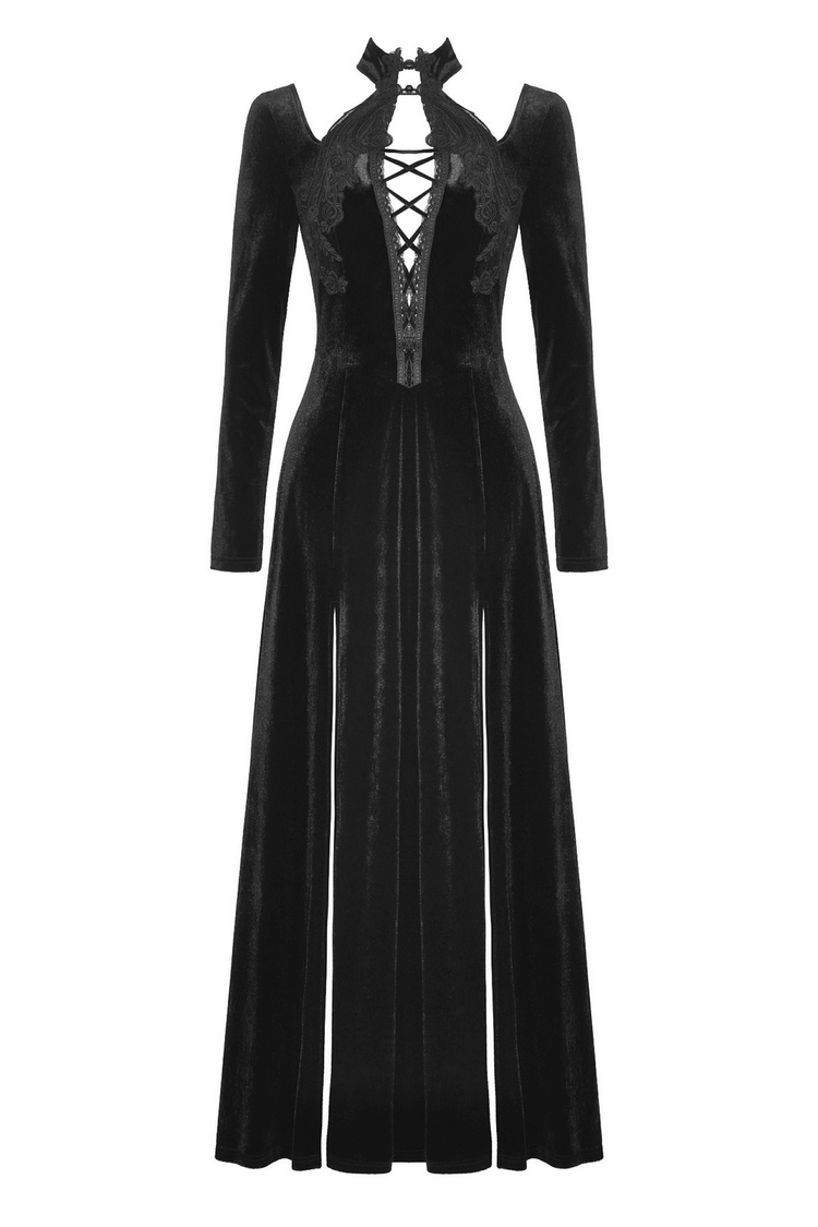 Gothic Lace-Up Velvet Dress with Ruffled Details and Slit - image 4