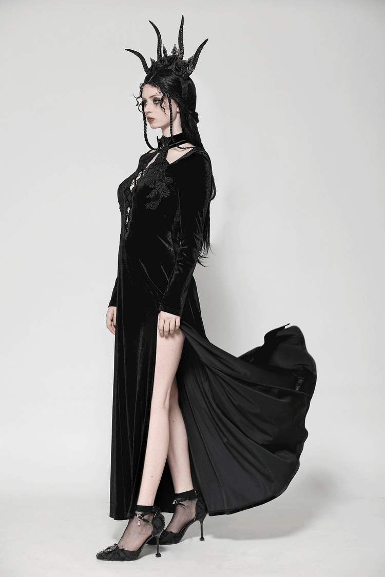 Gothic Lace-Up Velvet Dress with Ruffled Details and Slit - image 12