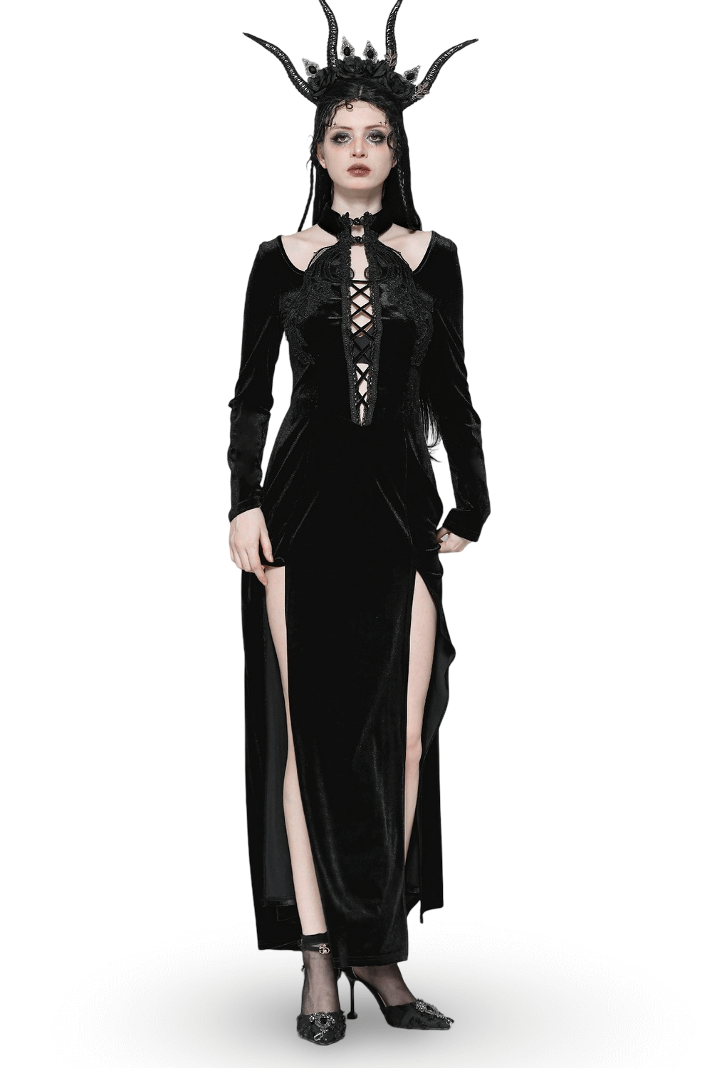 Gothic Lace-Up Velvet Dress with Ruffled Details and Slit - image 1